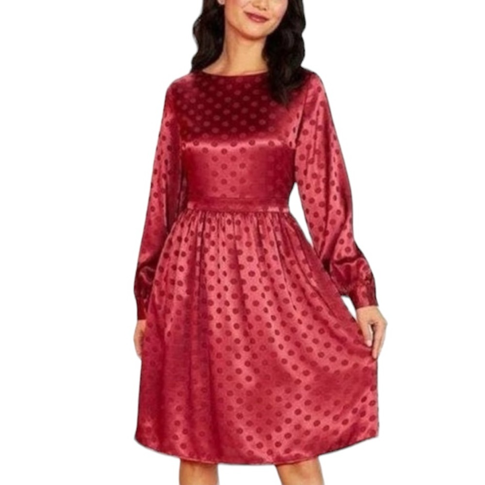 ModCloth Retro Satin Polka Dot Long Sleeve Dress Small Red Monochromatic